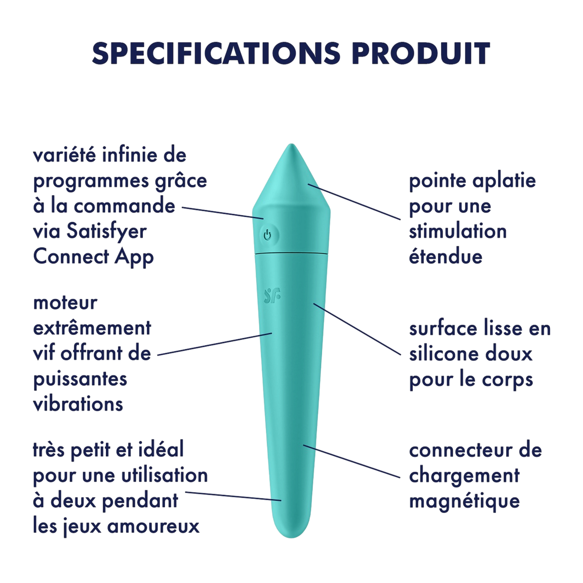 Infographie specifications du vibromasseur Ultra Power Bullet 8 Satisfyer turquoise en silicone doux - Oh My God'Z