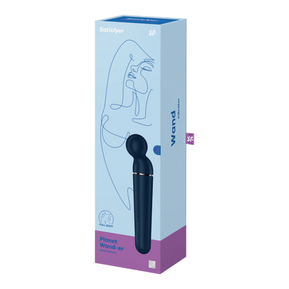 Packaging bleu du vibromasseur wand Satisfyer Planet Wand-er avec illustration et logo Full Body - Oh My God'Z