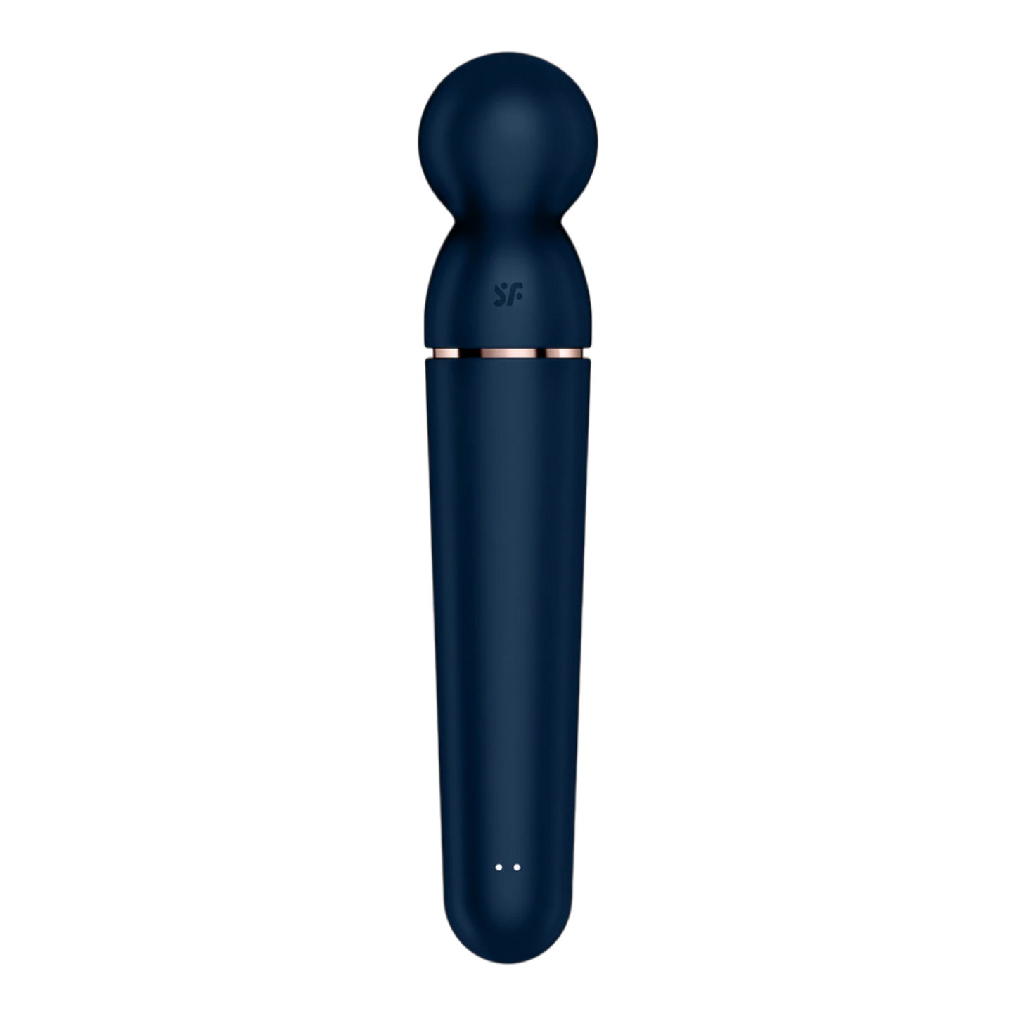 Vibromasseur wand bleu foncé vue de face avec logo SF et boutons de contrôle LED sur le manche - Oh My God'Z