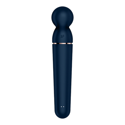Vibromasseur wand bleu foncé vue de face avec logo SF et boutons de contrôle LED sur le manche - Oh My God'Z