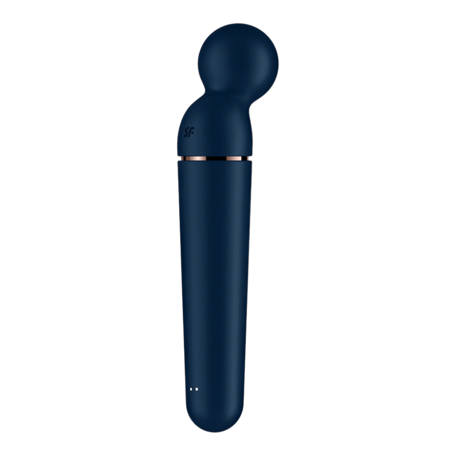 Vue latérale du wand masseur bleu avec logo SF gravé et bande rose gold sous la tête ronde - Oh My God'Z