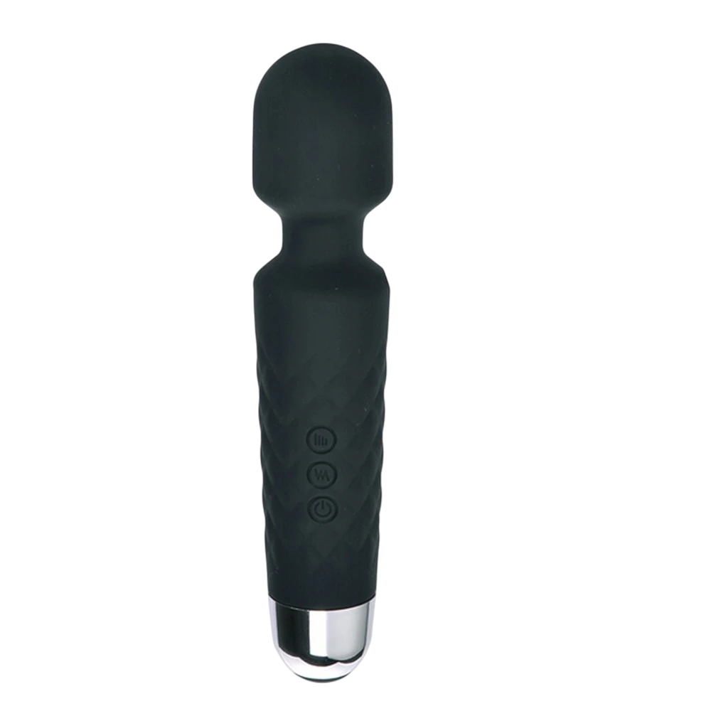 Vibromasseur wand noir en silicone avec tête arrondie, 3 boutons de contrôle et base argentée chromée - Oh My God'Z