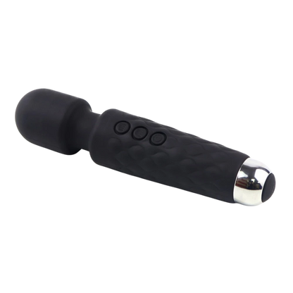 Vibromasseur wand noir vue latérale, texture silicone douce avec boutons de contrôle et finition chromée - Oh My God'Z