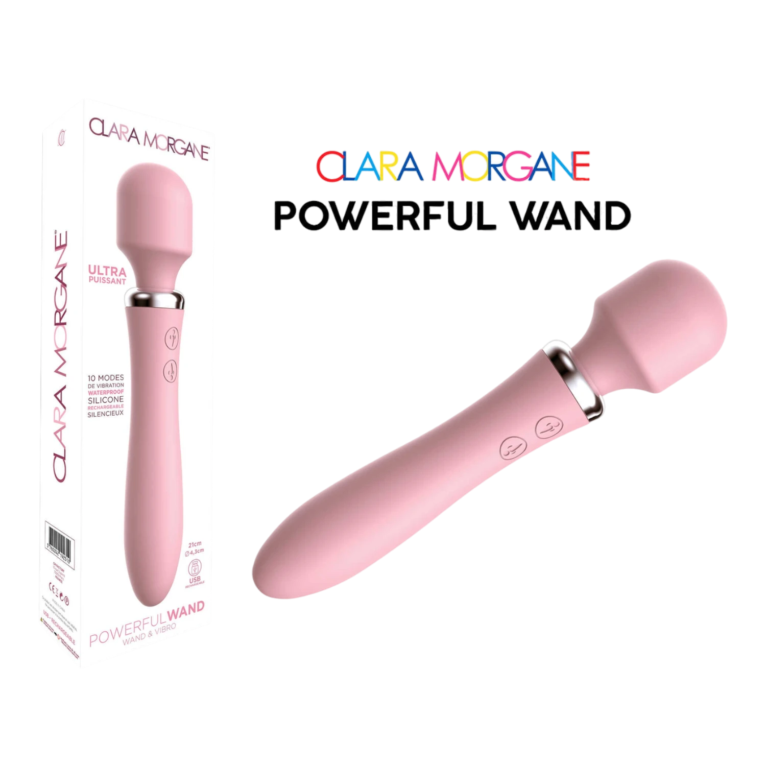 Vibromasseur wand rose avec boîte, silicone médical, double tête stimulante Clara Morgane - Oh My God'Z