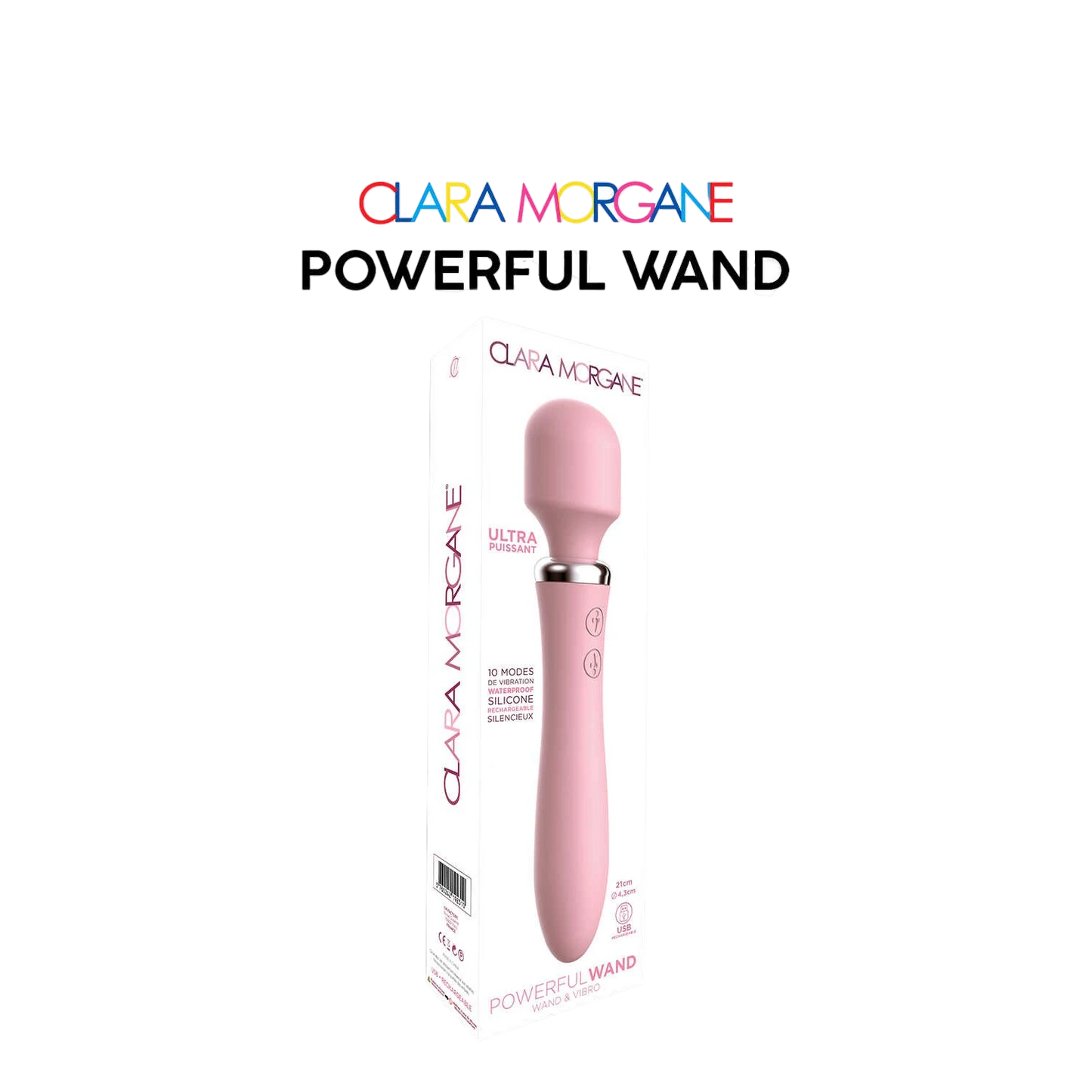 Boîte packaging vibromasseur wand rose Clara Morgane, silicone waterproof 10 modes de vibration - Oh My God'Z