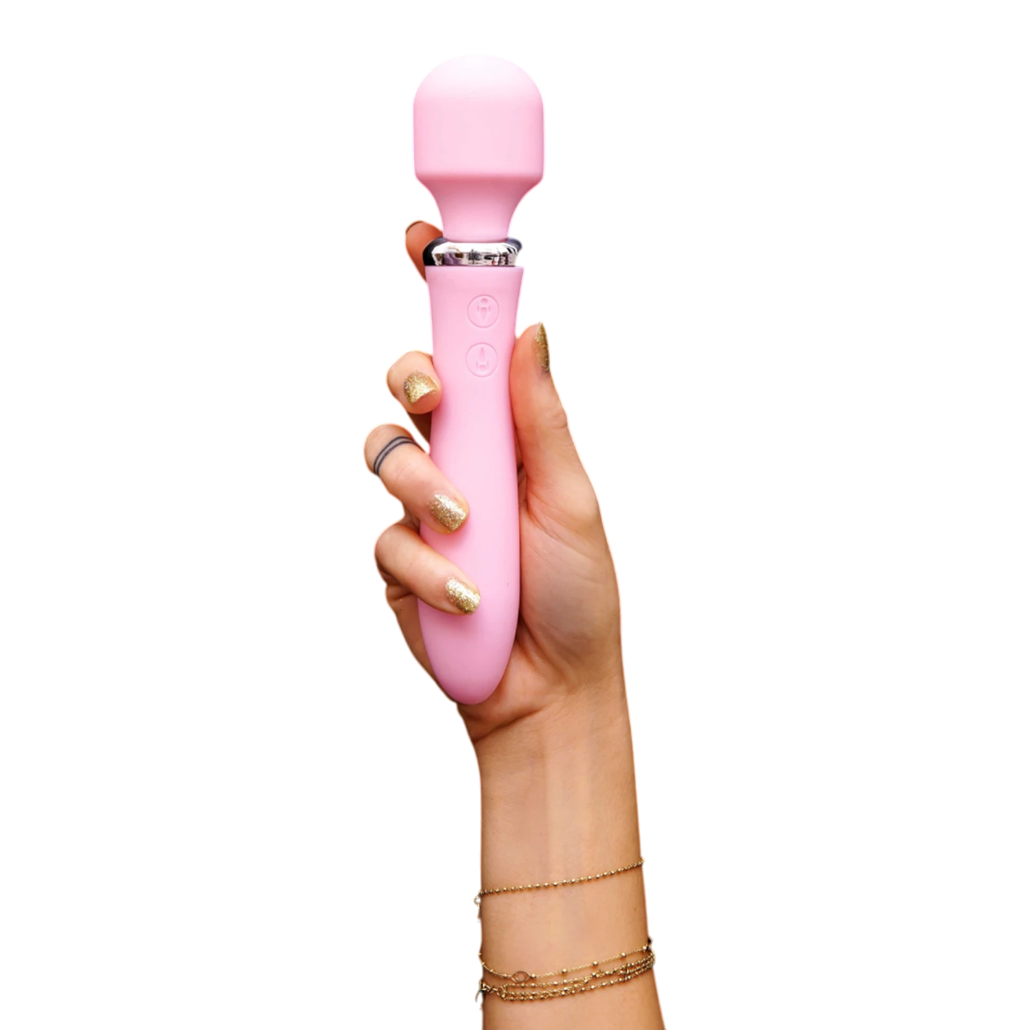 Main tenant vibromasseur wand rose, design ergonomique, boutons de contrôle visibles fond noir - Oh My God'Z