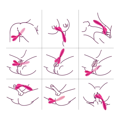 Schéma d'utilisation du vibromasseur wand rose en Y sur différentes zones du corps, 9 positions - Oh My God'Z