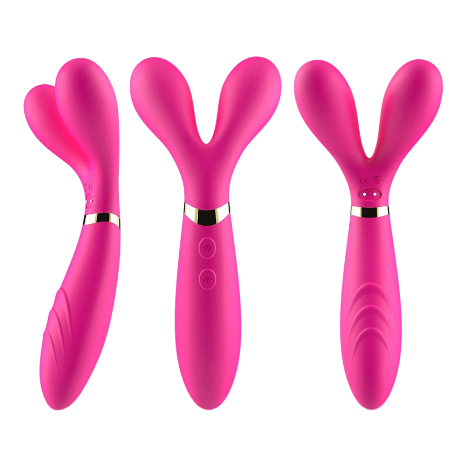 Trois vues du vibromasseur wand rose en Y montrant les différents angles et design ergonomique - Oh My God'Z