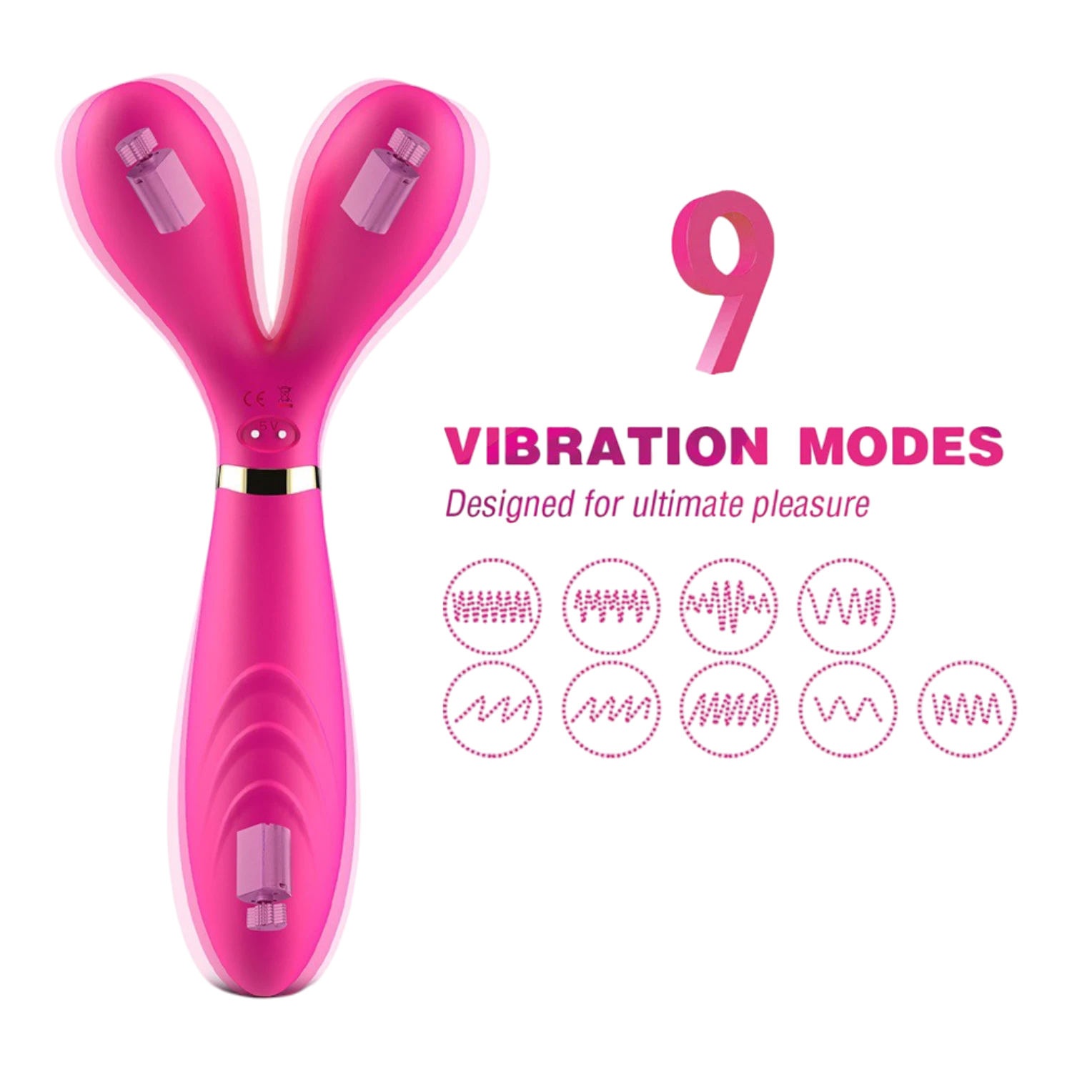 Détail du vibromasseur wand rose en Y présentant ses 9 modes de vibration avec pictos et moteurs intégrés - Oh My God'Z