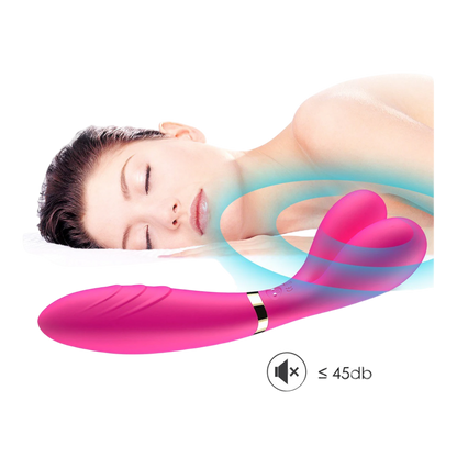 Femme détendue avec vibromasseur wand rose en Y, niveau sonore 45db, utilisation relaxation - Oh My God'Z