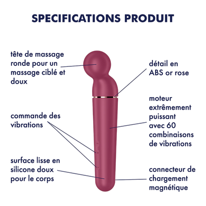 Schéma technique du vibromasseur wand rouge avec détails des fonctionnalités et composants - Oh My God'Z