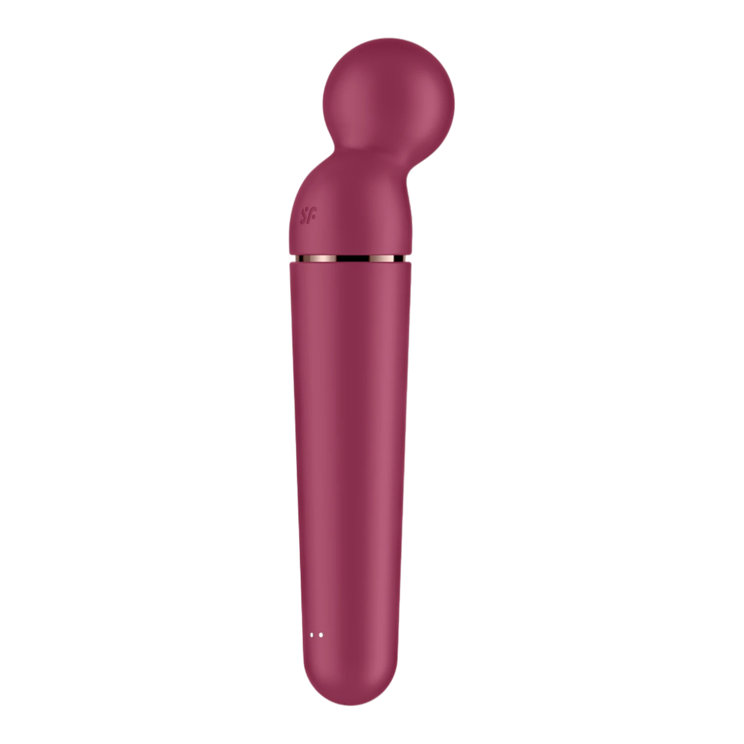 Vue latérale du vibromasseur wand rouge montrant logo Satisfyer et points lumineux de charge - Oh My God'Z