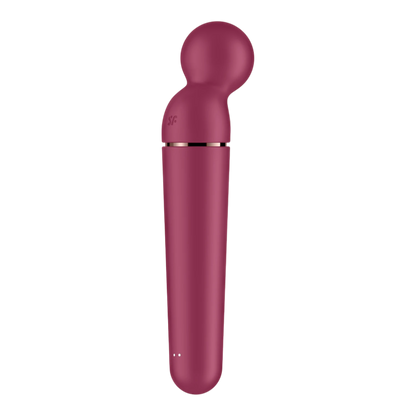 Vue latérale du vibromasseur wand rouge montrant logo Satisfyer et points lumineux de charge - Oh My God'Z