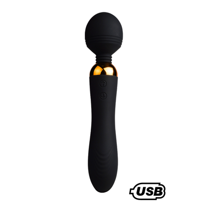 Vibromasseur wand Shake noir en silicone avec col dore et deux boutons, mention chargement USB - Oh My God'Z
