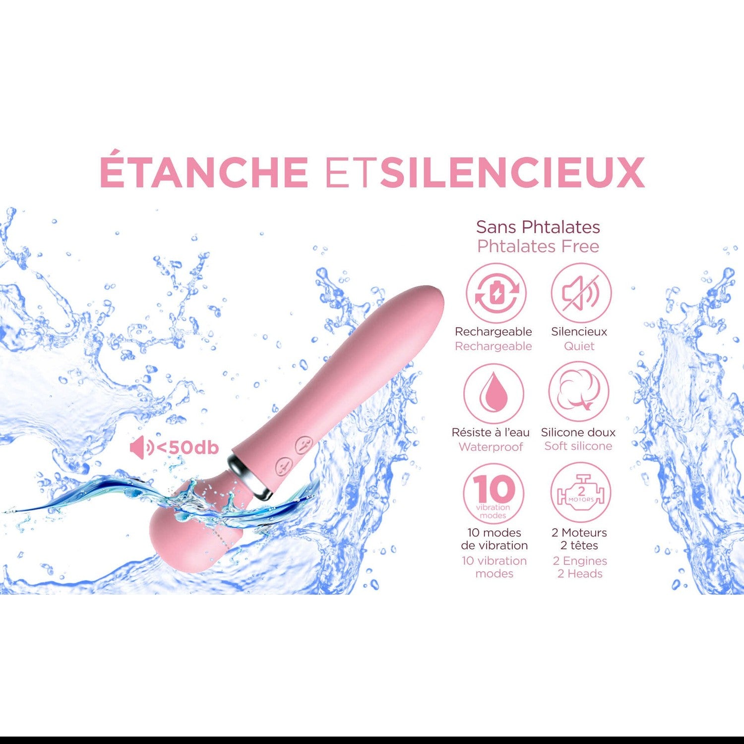 Wand masseur rose waterproof avec pictos: rechargeable silencieux sans phtalates 10 modes 2 moteurs - Oh My God'Z
